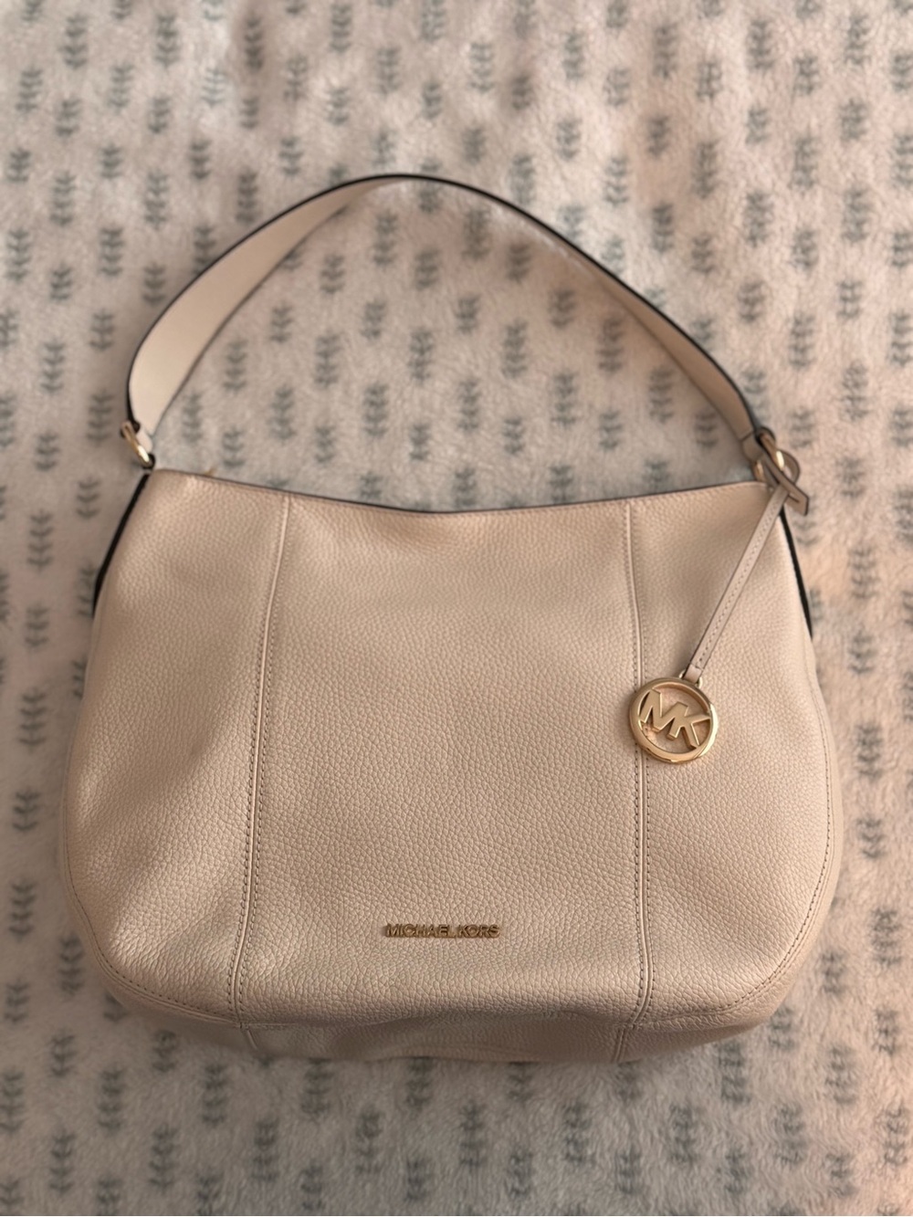 Michael Kors Cream Leather Hobo Shoulder Bag with Gold MK Charm